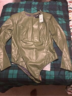Adidas Ivy Park Olive Green Faux Leather One-Piece Bodysuit - 1X NWT